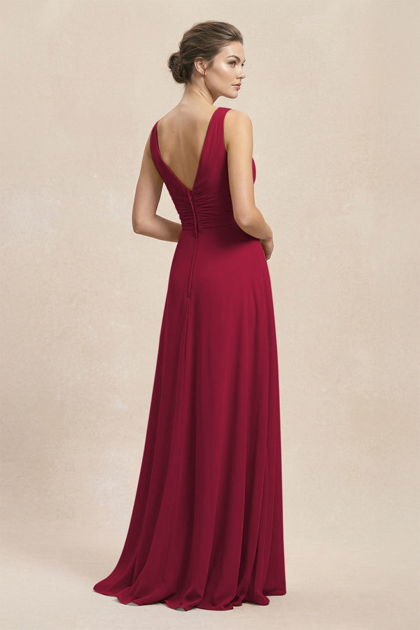 V - Neck Ruffled Ruched Chiffon A - Line Bridesmaid Dress in Berry - KissProm Bridesmaid Dresses
