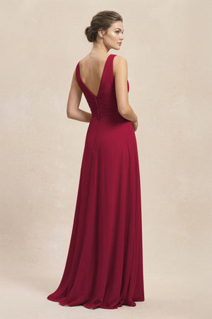 V - Neck Ruffled Ruched Chiffon A - Line Bridesmaid Dress in Berry - KissProm Bridesmaid Dresses