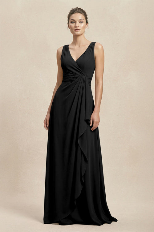 V - Neck Ruffled Ruched Chiffon A - Line Bridesmaid Dress in Black - KissProm Bridesmaid Dresses