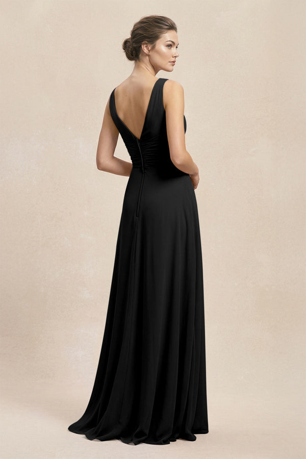 V - Neck Ruffled Ruched Chiffon A - Line Bridesmaid Dress in Black - KissProm Bridesmaid Dresses