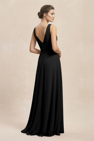 V - Neck Ruffled Ruched Chiffon A - Line Bridesmaid Dress in Black - KissProm Bridesmaid Dresses