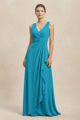 V - Neck Ruffled Ruched Chiffon A - Line Bridesmaid Dress in Blue Jay - KissProm Bridesmaid Dresses
