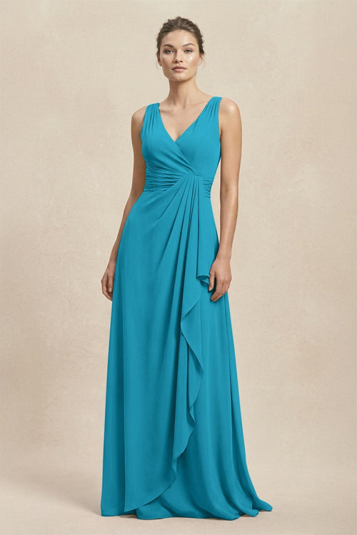V - Neck Ruffled Ruched Chiffon A - Line Bridesmaid Dress in Blue Jay - KissProm Bridesmaid Dresses