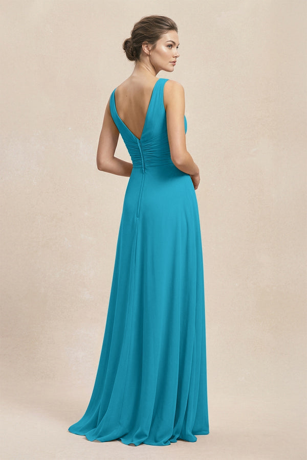 V - Neck Ruffled Ruched Chiffon A - Line Bridesmaid Dress in Blue Jay - KissProm Bridesmaid Dresses