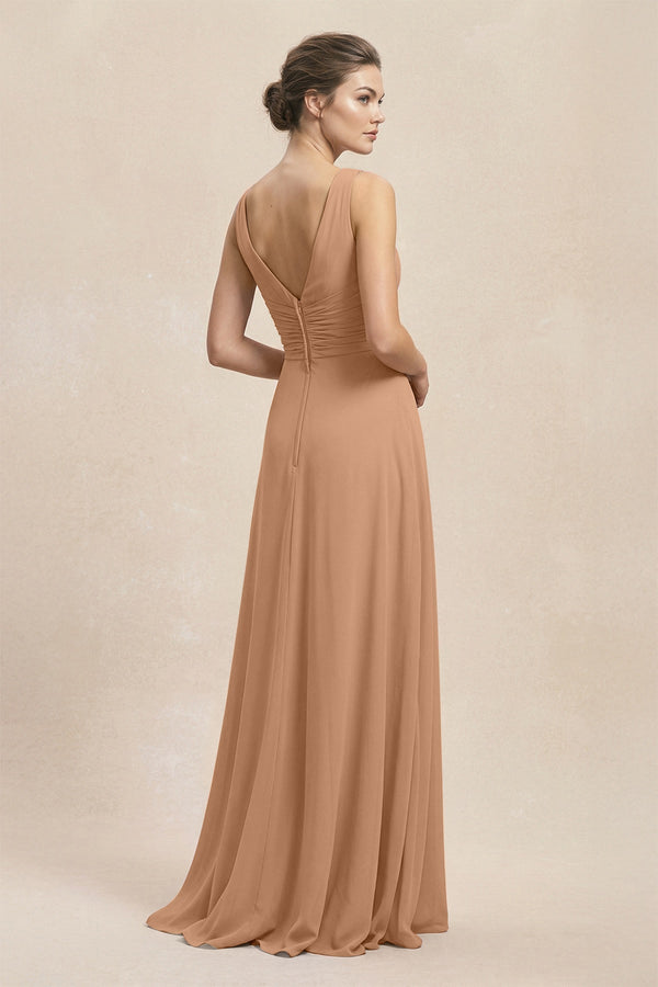 V - Neck Ruffled Ruched Chiffon A - Line Bridesmaid Dress in Bronzer - KissProm Bridesmaid Dresses