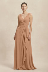 V - Neck Ruffled Ruched Chiffon A - Line Bridesmaid Dress in Bronzer - KissProm Bridesmaid Dresses