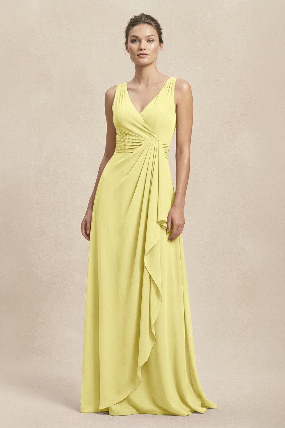 V - Neck Ruffled Ruched Chiffon A - Line Bridesmaid Dress in Buttercup - KissProm Bridesmaid Dresses
