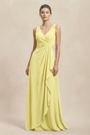 V - Neck Ruffled Ruched Chiffon A - Line Bridesmaid Dress in Buttercup - KissProm Bridesmaid Dresses