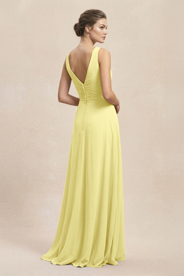 V - Neck Ruffled Ruched Chiffon A - Line Bridesmaid Dress in Buttercup - KissProm Bridesmaid Dresses