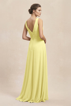 V - Neck Ruffled Ruched Chiffon A - Line Bridesmaid Dress in Buttercup - KissProm Bridesmaid Dresses