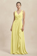 V - Neck Ruffled Ruched Chiffon A - Line Bridesmaid Dress in Buttercup - KissProm Bridesmaid Dresses