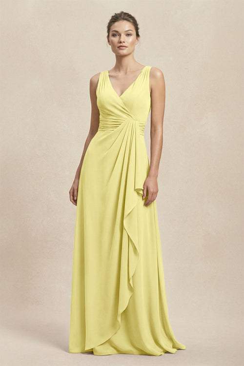V - Neck Ruffled Ruched Chiffon A - Line Bridesmaid Dress in Buttercup - KissProm Bridesmaid Dresses