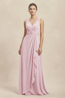 V - Neck Ruffled Ruched Chiffon A - Line Bridesmaid Dress in Candy Pink - KissProm Bridesmaid Dresses
