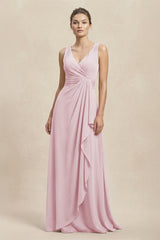 V - Neck Ruffled Ruched Chiffon A - Line Bridesmaid Dress in Candy Pink - KissProm Bridesmaid Dresses