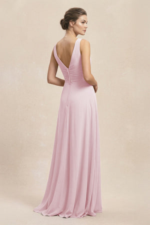 V - Neck Ruffled Ruched Chiffon A - Line Bridesmaid Dress in Candy Pink - KissProm Bridesmaid Dresses