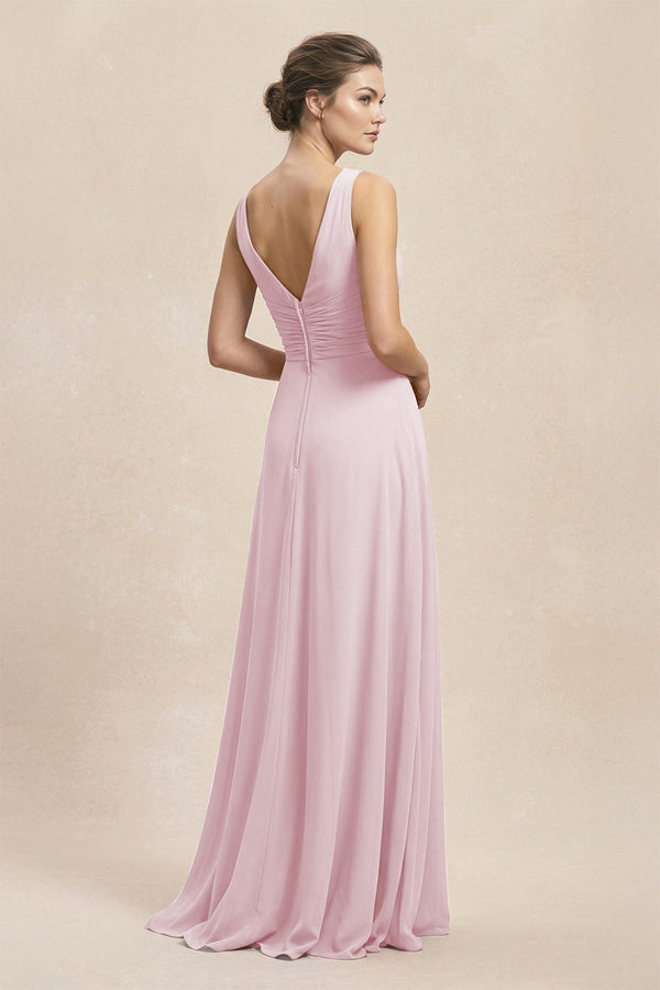 V - Neck Ruffled Ruched Chiffon A - Line Bridesmaid Dress in Candy Pink - KissProm Bridesmaid Dresses