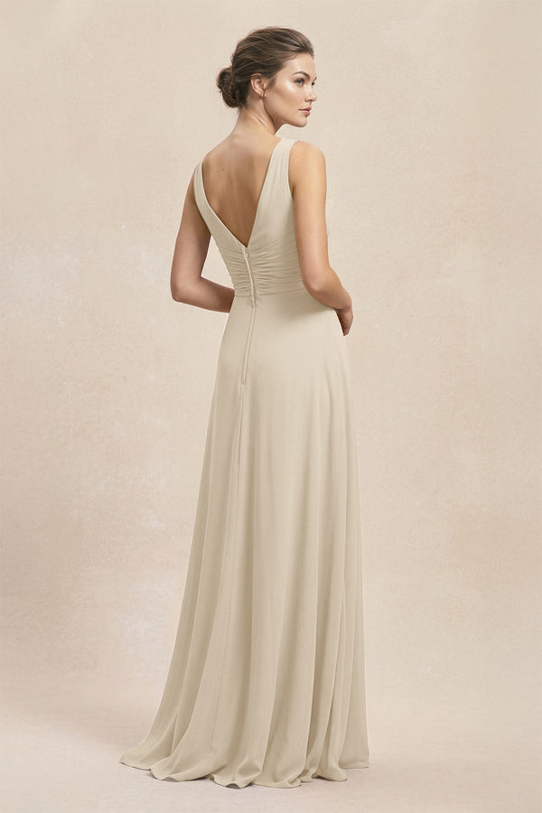 V - Neck Ruffled Ruched Chiffon A - Line Bridesmaid Dress in Champagne - KissProm Bridesmaid Dresses