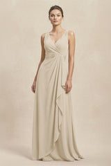 V - Neck Ruffled Ruched Chiffon A - Line Bridesmaid Dress in Champagne - KissProm Bridesmaid Dresses