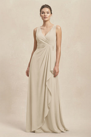 V - Neck Ruffled Ruched Chiffon A - Line Bridesmaid Dress in Champagne - KissProm Bridesmaid Dresses