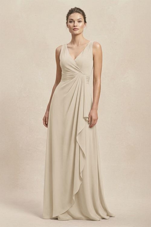 V - Neck Ruffled Ruched Chiffon A - Line Bridesmaid Dress in Champagne - KissProm Bridesmaid Dresses