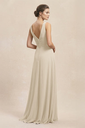 V - Neck Ruffled Ruched Chiffon A - Line Bridesmaid Dress in Champagne - KissProm Bridesmaid Dresses