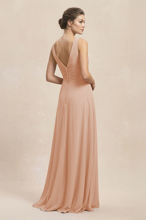 V - Neck Ruffled Ruched Chiffon A - Line Bridesmaid Dress in Champagne Rose - KissProm Bridesmaid Dresses