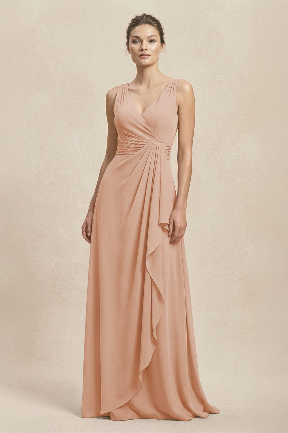 V - Neck Ruffled Ruched Chiffon A - Line Bridesmaid Dress in Champagne Rose - KissProm Bridesmaid Dresses