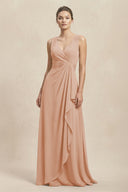 V - Neck Ruffled Ruched Chiffon A - Line Bridesmaid Dress in Champagne Rose - KissProm Bridesmaid Dresses