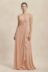 V - Neck Ruffled Ruched Chiffon A - Line Bridesmaid Dress in Champagne Rose - KissProm Bridesmaid Dresses