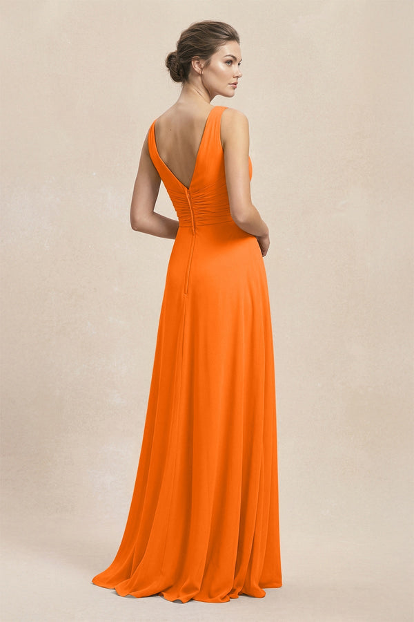 V - Neck Ruffled Ruched Chiffon A - Line Bridesmaid Dress in Cinnamon - KissProm Bridesmaid Dresses