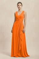 V - Neck Ruffled Ruched Chiffon A - Line Bridesmaid Dress in Cinnamon - KissProm Bridesmaid Dresses