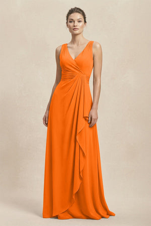 V - Neck Ruffled Ruched Chiffon A - Line Bridesmaid Dress in Cinnamon - KissProm Bridesmaid Dresses