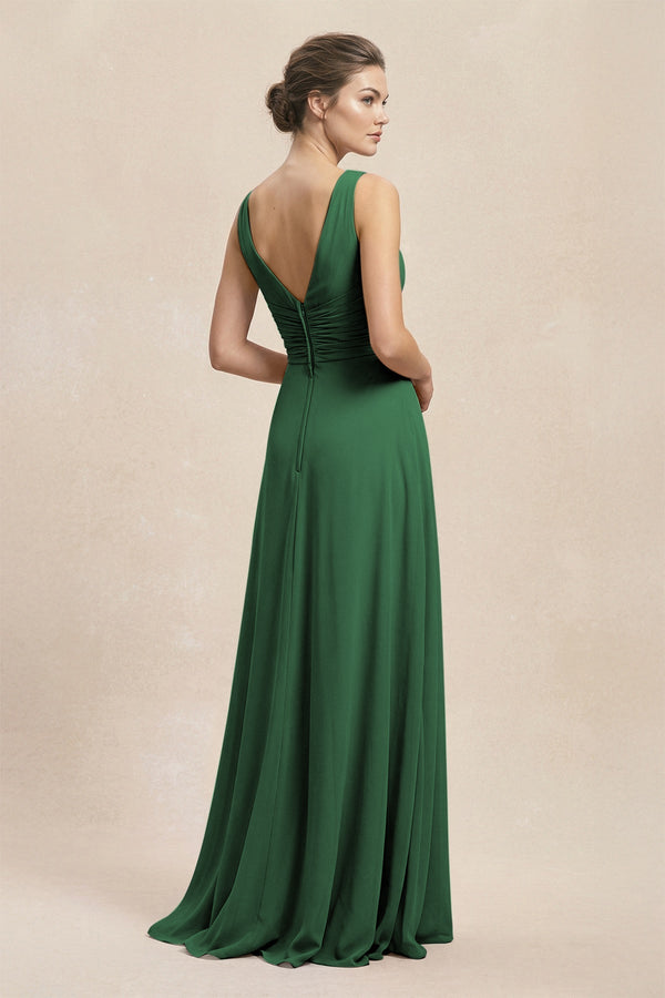 V - Neck Ruffled Ruched Chiffon A - Line Bridesmaid Dress in Dark Green - KissProm Bridesmaid Dresses