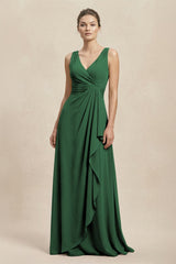 V - Neck Ruffled Ruched Chiffon A - Line Bridesmaid Dress in Dark Green - KissProm Bridesmaid Dresses
