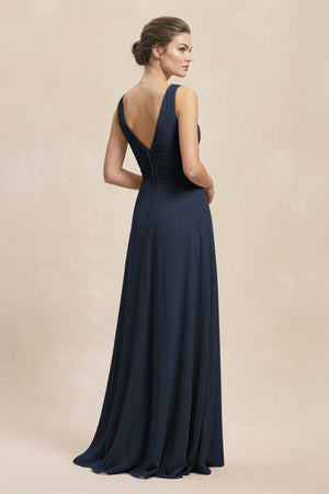 V - Neck Ruffled Ruched Chiffon A - Line Bridesmaid Dress in Dark Navy - KissProm Bridesmaid Dresses