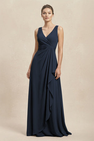 V - Neck Ruffled Ruched Chiffon A - Line Bridesmaid Dress in Dark Navy - KissProm Bridesmaid Dresses