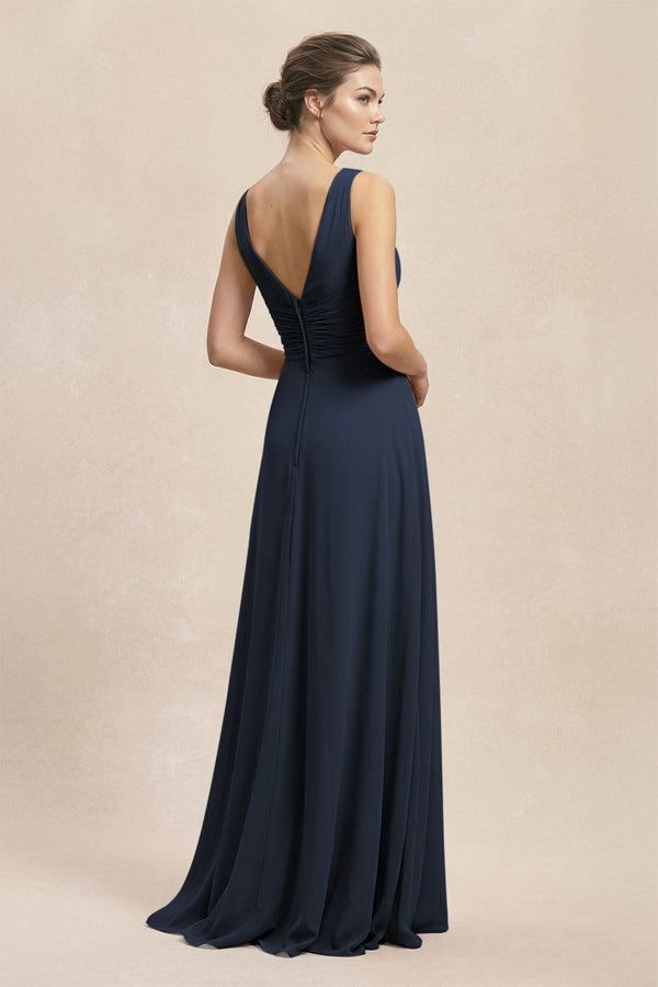 V - Neck Ruffled Ruched Chiffon A - Line Bridesmaid Dress in Dark Navy - KissProm Bridesmaid Dresses
