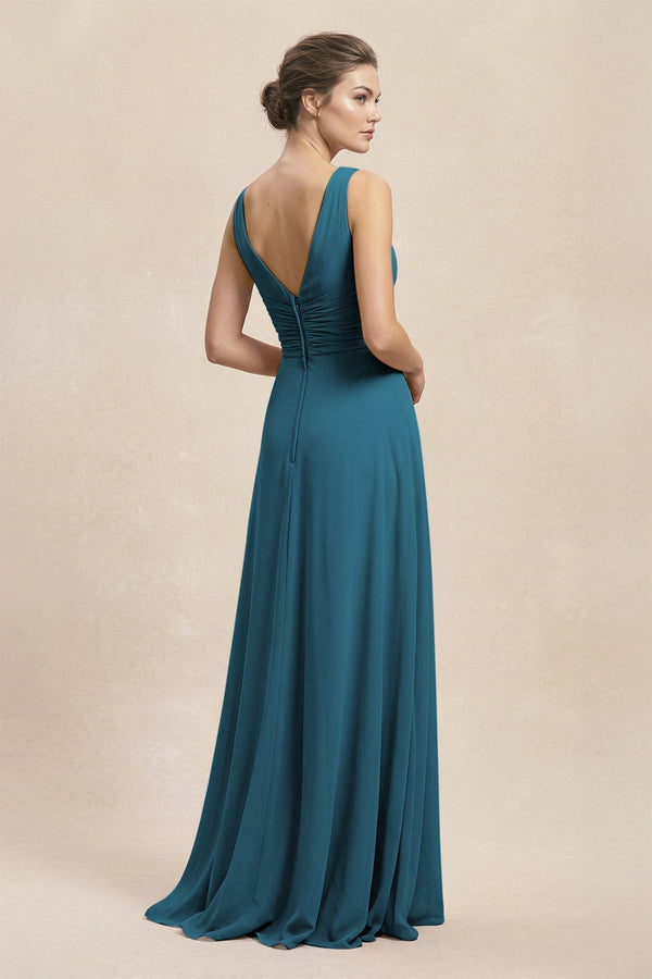 V - Neck Ruffled Ruched Chiffon A - Line Bridesmaid Dress in Dark Teal - KissProm Bridesmaid Dresses