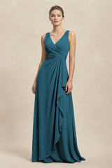 V - Neck Ruffled Ruched Chiffon A - Line Bridesmaid Dress in Dark Teal - KissProm Bridesmaid Dresses