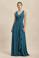 V - Neck Ruffled Ruched Chiffon A - Line Bridesmaid Dress in Dark Teal - KissProm Bridesmaid Dresses