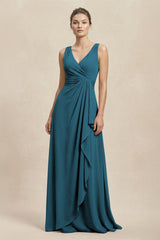 V - Neck Ruffled Ruched Chiffon A - Line Bridesmaid Dress in Dark Teal - KissProm Bridesmaid Dresses