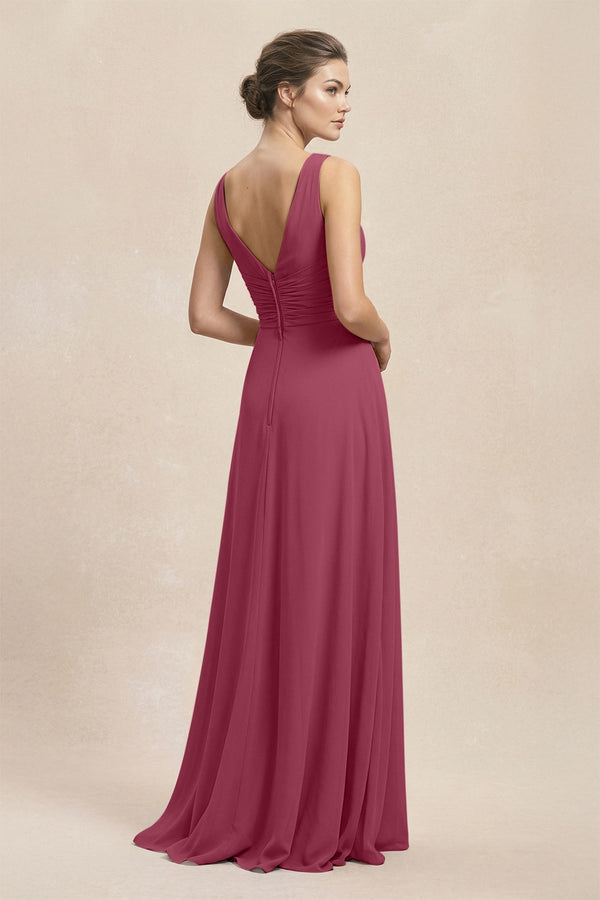 V - Neck Ruffled Ruched Chiffon A - Line Bridesmaid Dress in Desert Rose - KissProm Bridesmaid Dresses