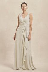 V - Neck Ruffled Ruched Chiffon A - Line Bridesmaid Dress in Dove Gray - KissProm Bridesmaid Dresses