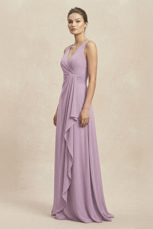 V - Neck Ruffled Ruched Chiffon A - Line Bridesmaid Dress in Dusk - KissProm Bridesmaid Dresses