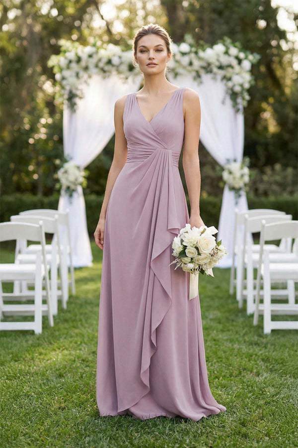 V-Neck Ruffled Ruched Chiffon A-Line Bridesmaid Dress in Dusk, Dusk / 8