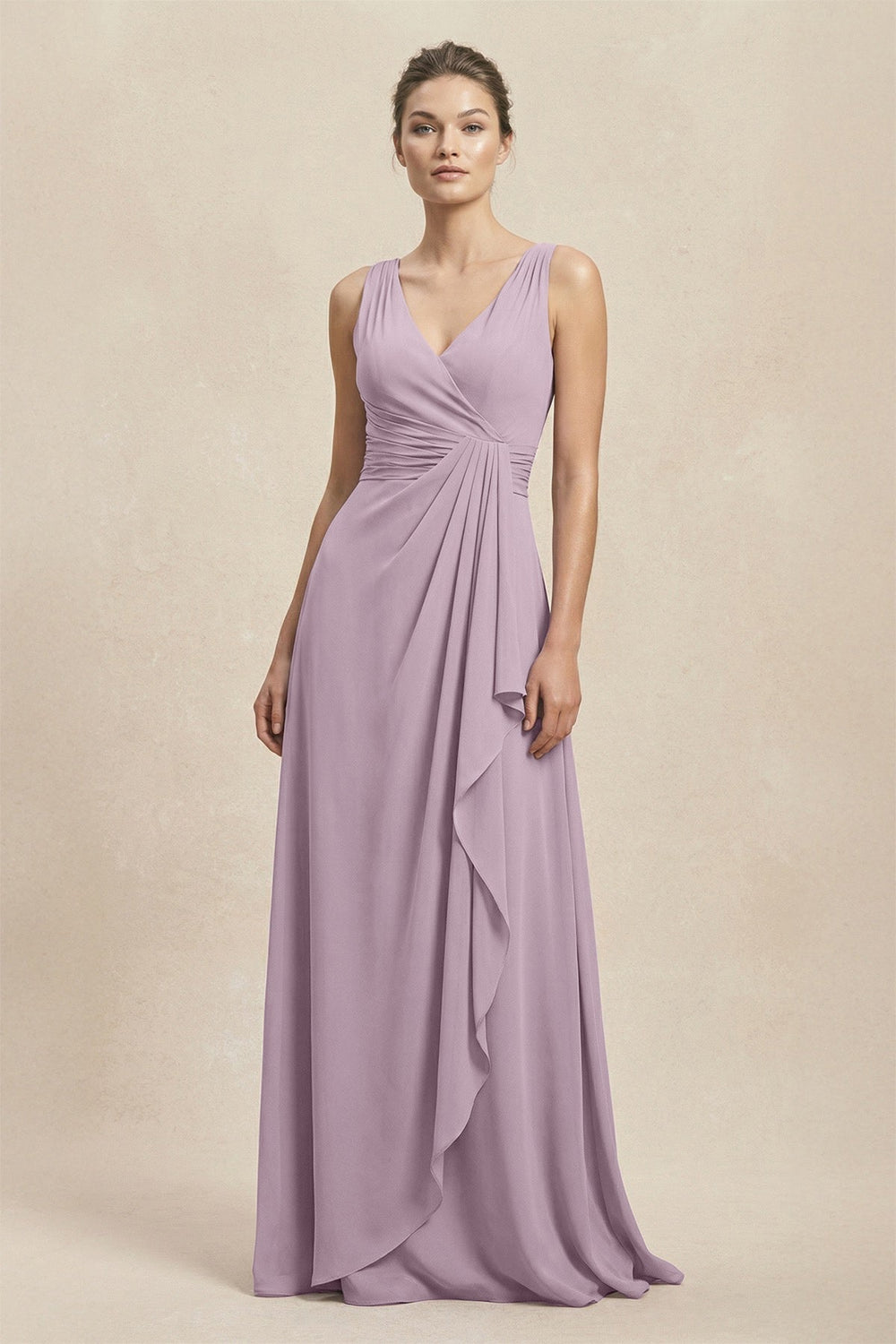 V - Neck Ruffled Ruched Chiffon A - Line Bridesmaid Dress in Dusk - KissProm Bridesmaid Dresses