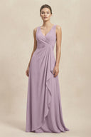 V - Neck Ruffled Ruched Chiffon A - Line Bridesmaid Dress in Dusk - KissProm Bridesmaid Dresses