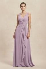 V - Neck Ruffled Ruched Chiffon A - Line Bridesmaid Dress in Dusk - KissProm Bridesmaid Dresses
