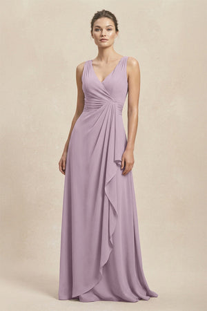 V - Neck Ruffled Ruched Chiffon A - Line Bridesmaid Dress in Dusk - KissProm Bridesmaid Dresses