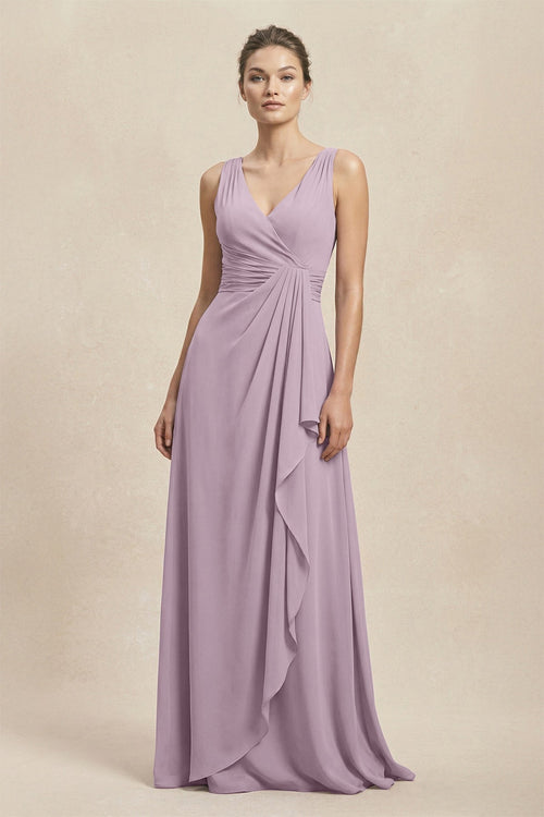 V - Neck Ruffled Ruched Chiffon A - Line Bridesmaid Dress in Dusk - KissProm Bridesmaid Dresses